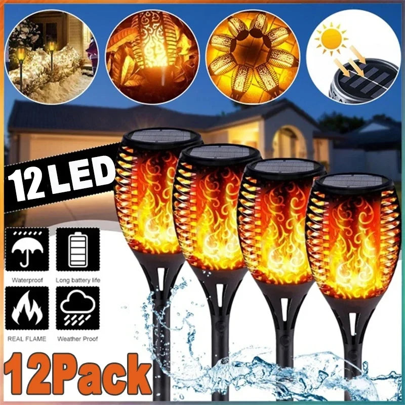 12LED Solar Flame Torch Light – Waterproof Flickering Outdoor Garden Lamp (1-12PCS)